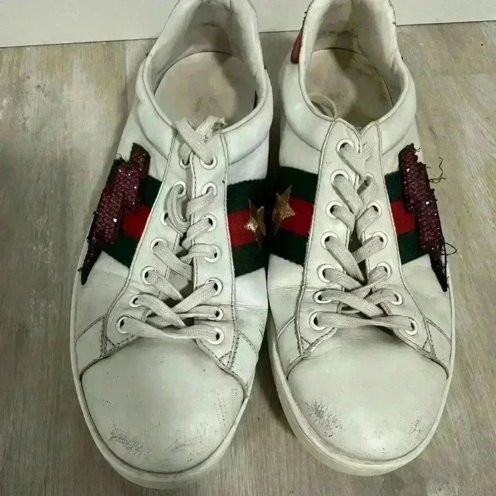 Gucci Ace Sneakers Mens 8 White Leather Crystal Lightning Bolt Web Stripe 433738